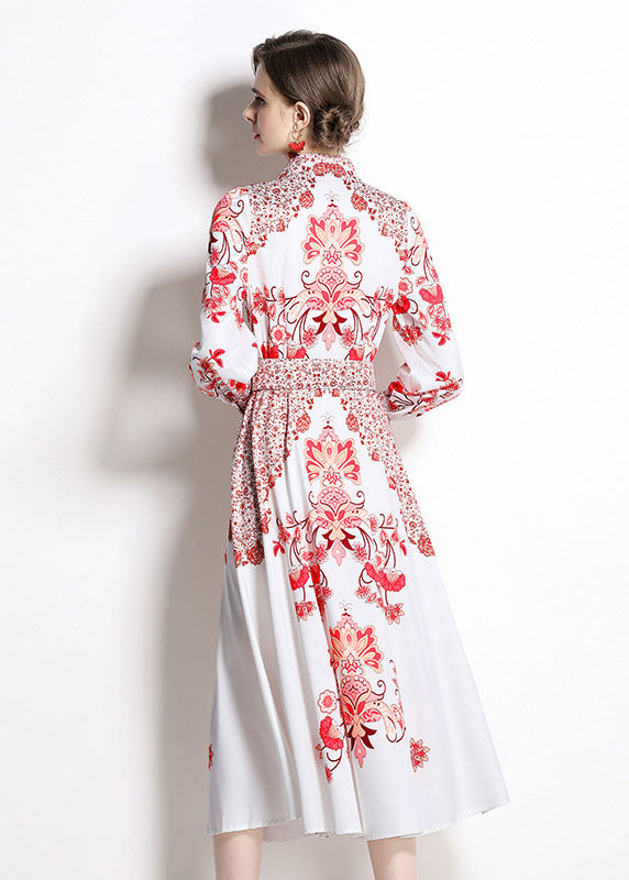 Red Print Peter Pan Collar Chiffon Cinch Dress Fall