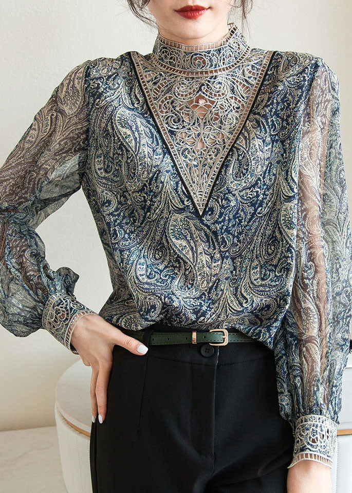 Blue Embroidered Print Chiffon Shirt Lantern Sleeve
