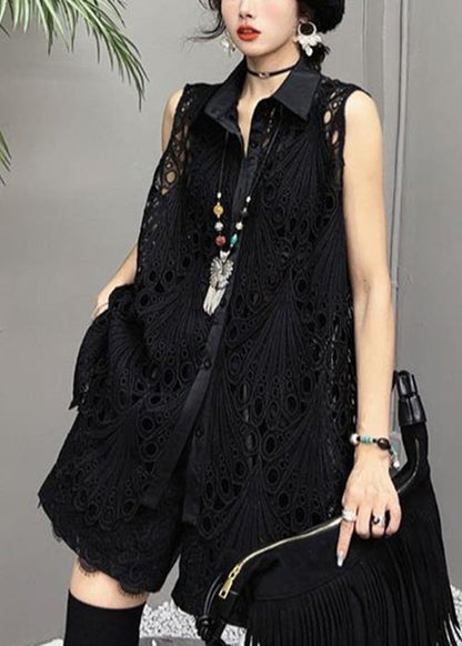 White Hollow Out Button Cotton Shirts Sleeveless