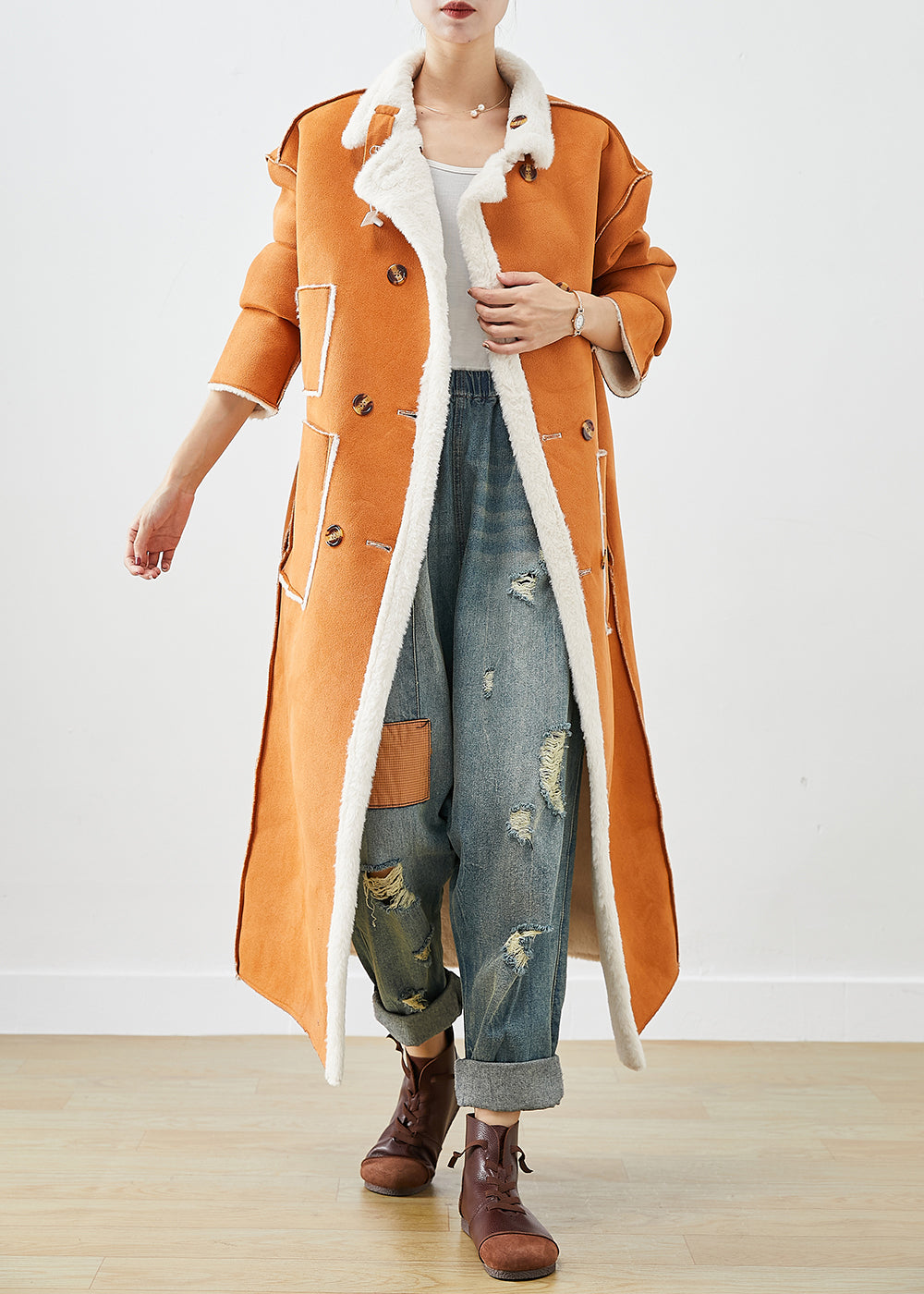 Modern Orange Double Breast Fuzzy Fur Fluffy Wear on Both Sides Coats Winter