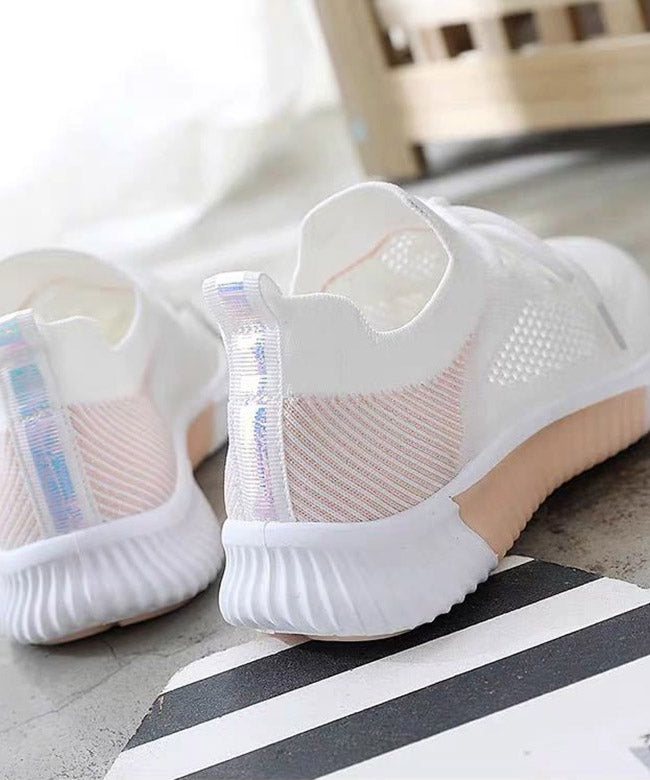 White Pink Knit Fabric Lace Up Flats Shoes