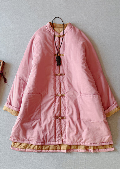 Retro Pink Stand Collar Pockets Fine Cotton Filled Coat Winter