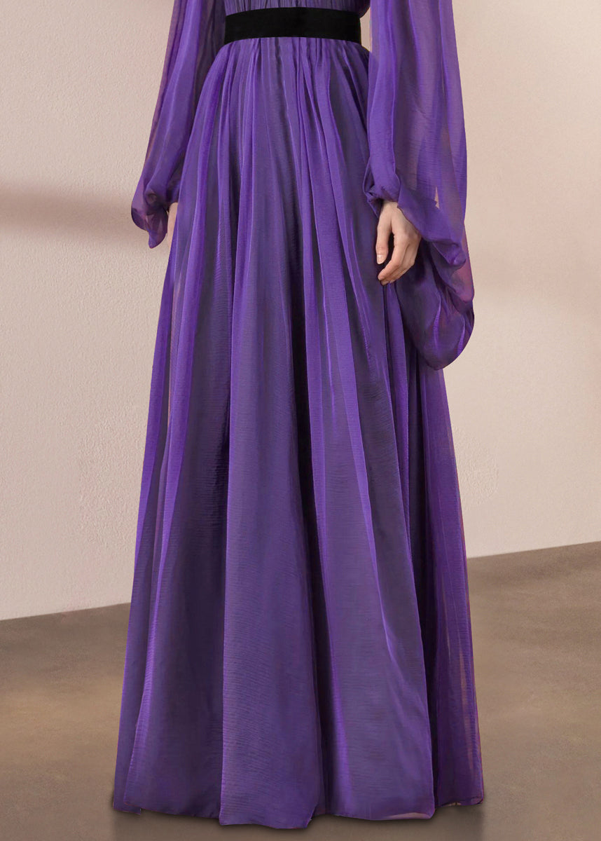 Italian Purple Stand Collar Wrinkled Silk Long Dresses Lantern Sleeve Spring