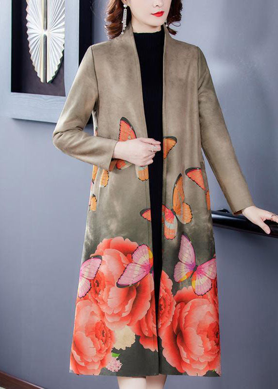 Grey V Neck Butterfly Print Faux Suede Coats Long Sleeve