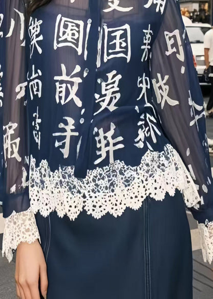 Navy Chinese Character Patchwork Lace Chiffon Blouse Top Spring