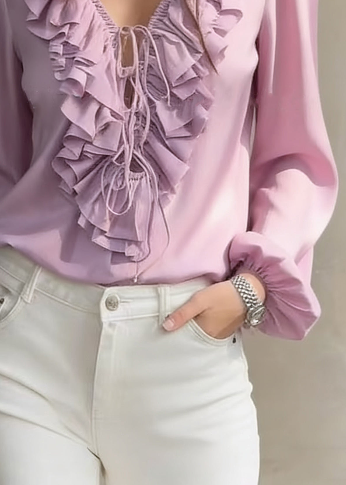 Purple Ruffled Lace Up Chiffon Blouses V Neck Lantern Sleeve Spring