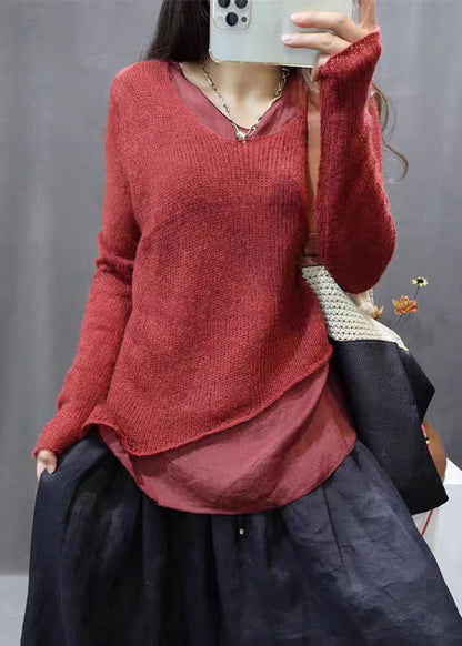 Simple Grey Asymmetrical Patchwork Cotton Knit Tops Long Sleeve Fall