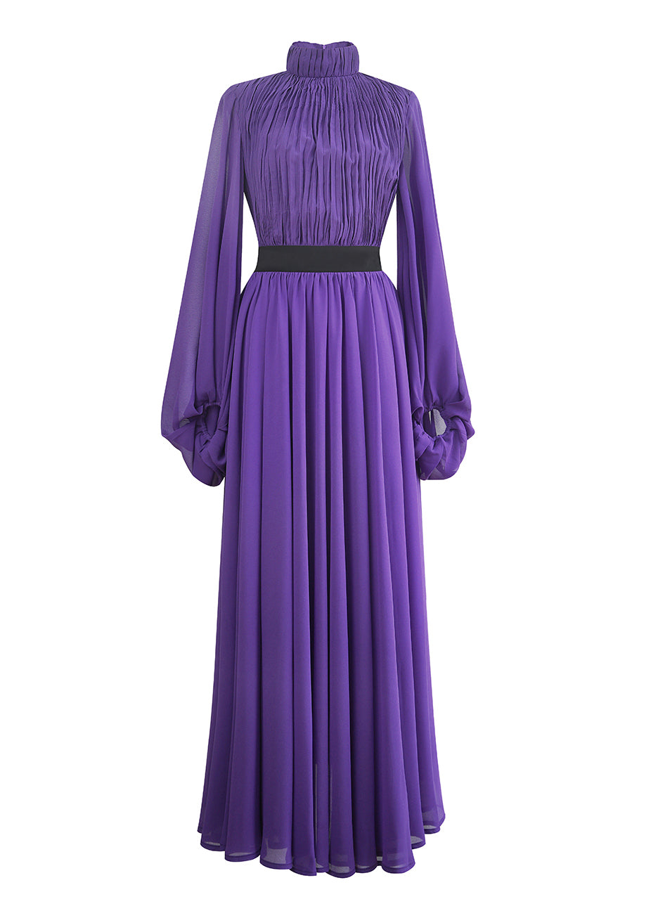 Italian Purple Stand Collar Wrinkled Silk Long Dresses Lantern Sleeve Spring