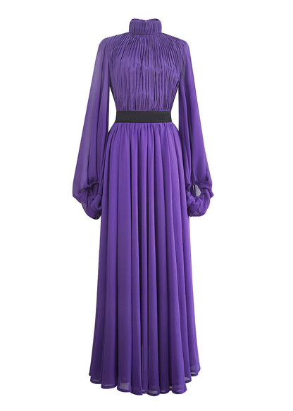 Italian Purple Stand Collar Wrinkled Silk Long Dresses Lantern Sleeve Spring