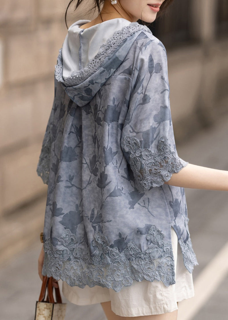 Blue Hooded Patchwork Lace Loose Sweatshirt Summer