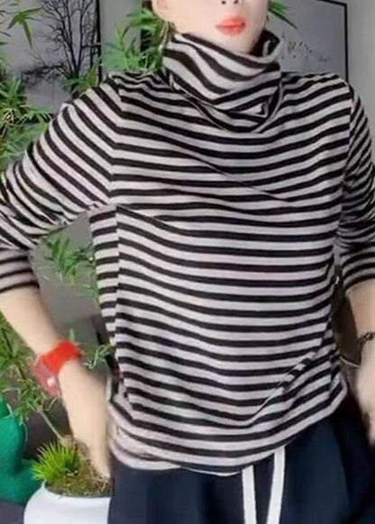 Black Hign Neck Striped Cotton Blouse Top Fall