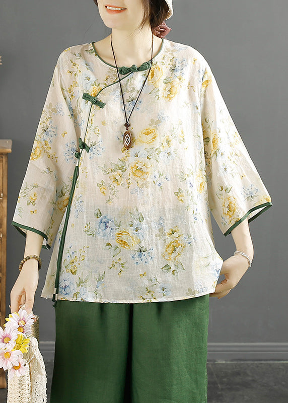 Green Tasseled Print Linen Shirt Spring