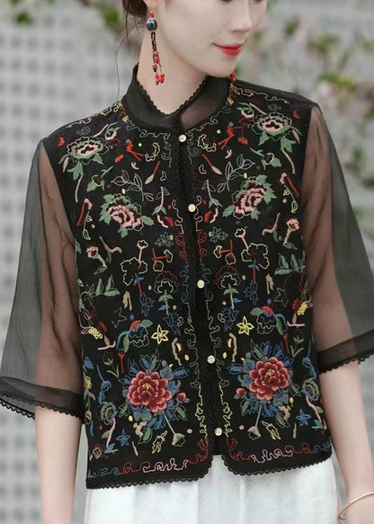 Black Printing Patchwork Linen Silk Top Half Sleeve