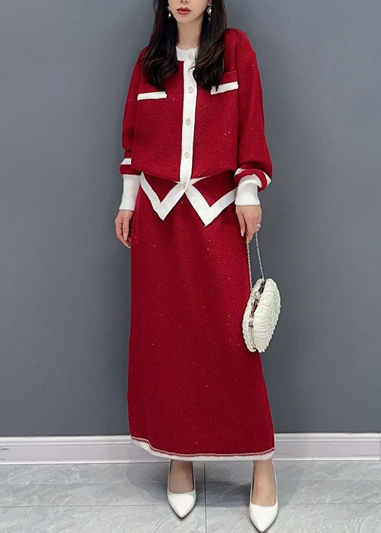 Autumn New Versatile Red Small Fragrant Coat and Skirts Two Piece Set