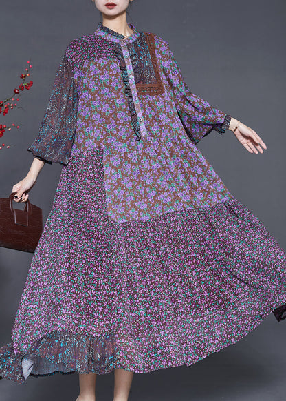 Purple Ruffled Patchwork Chiffon Dresses Summer