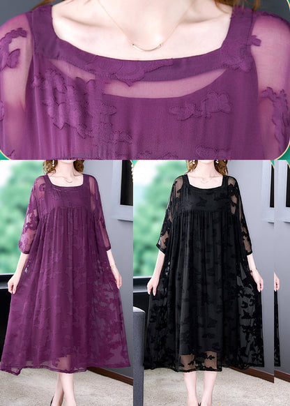 Black Square Collar Embroideried Chiffon Dress Two Pieces Set Summer