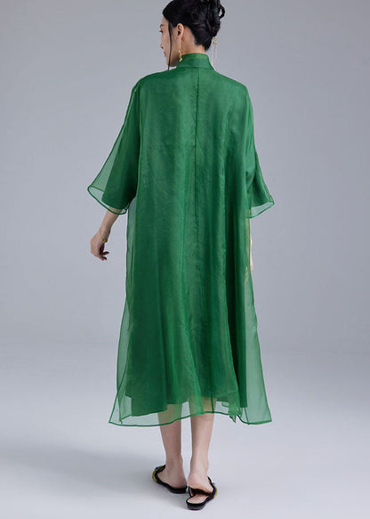 Fine Green Mandarin Collar Embroideried Tulle Silk a Line Dress Bracelet Sleeve Summer
