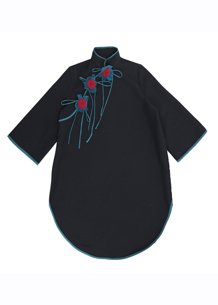 Handmade Black Stand Collar Asymmetrical Top Long Sleeve