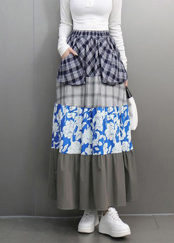 Colorblock Print Plaid Elastic Waist Maxi Skirts Spring