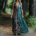 Women's Retro Geometric Print V-neck Midi Dress artswardrobe