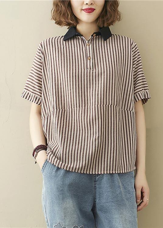Art Khaki Striped Patchwork Linen Summer Top