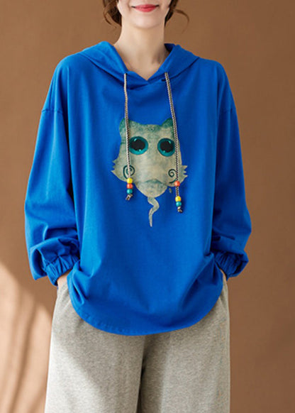 Blue Print Cozy Cotton Loose Sweatshirt Hooded Fall