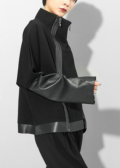 Black Stand Collar Zip Up Faux Leather Patchwork Coat Long Sleeve