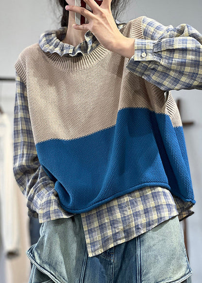 Blue O Neck Patchwork Cozy Knit Waistcoat Sleeveless