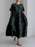Comstylish Cute Cat Face Pattern Linen Blend Cozy Maxi Dress