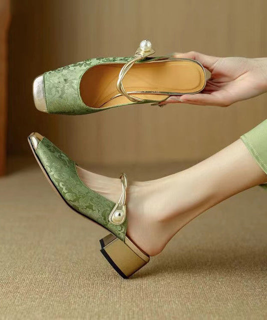 Green Print Chunky Cowhide Leather Slide Sandals