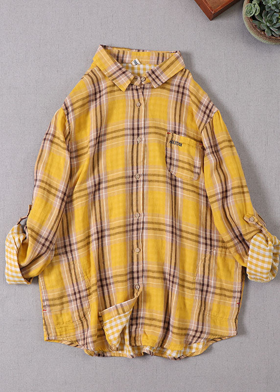 Yellow Peter Pan Collar Plaid Cotton Shirt Top Spring