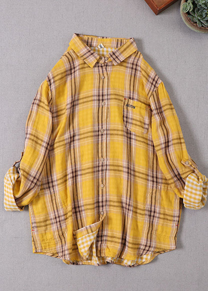 Yellow Peter Pan Collar Plaid Cotton Shirt Top Spring