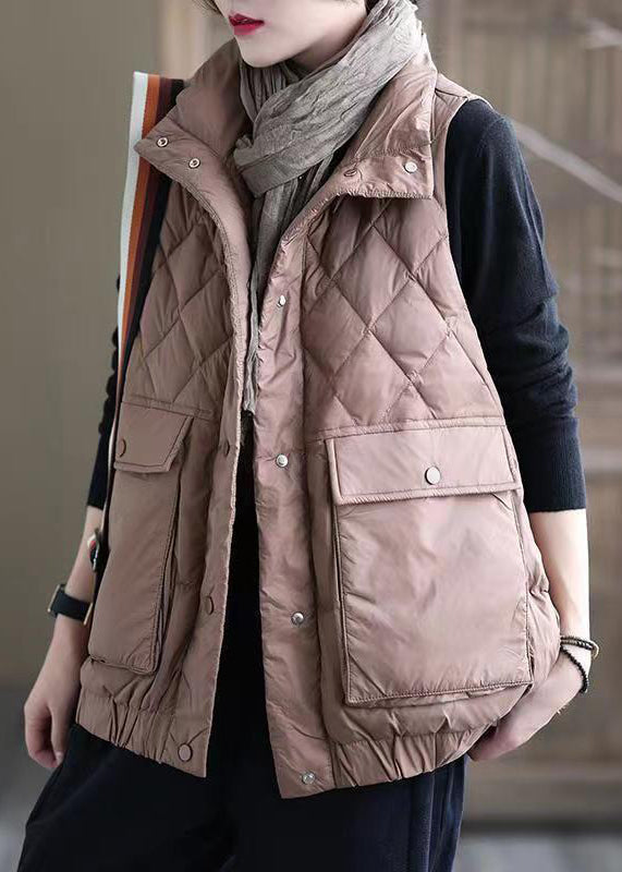 Pink Button Pockets Patchwork Duck Down Waistcoat Sleeveless