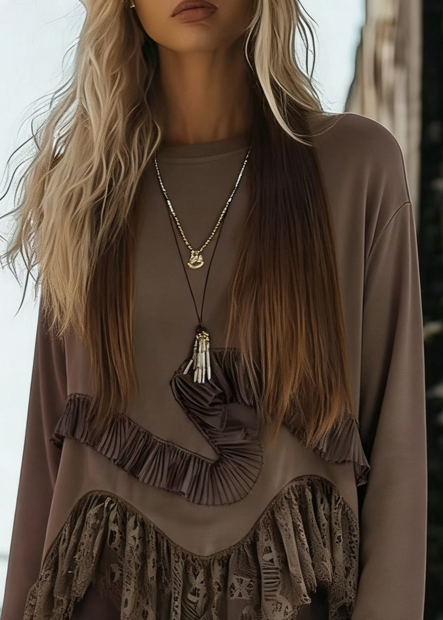 Coffee O-neck Lace Patchwork Tops Flare Sleeve