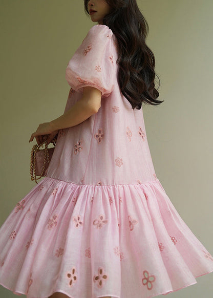 Pink V Neck Hollow Out Lace Up Cotton Dress Summer