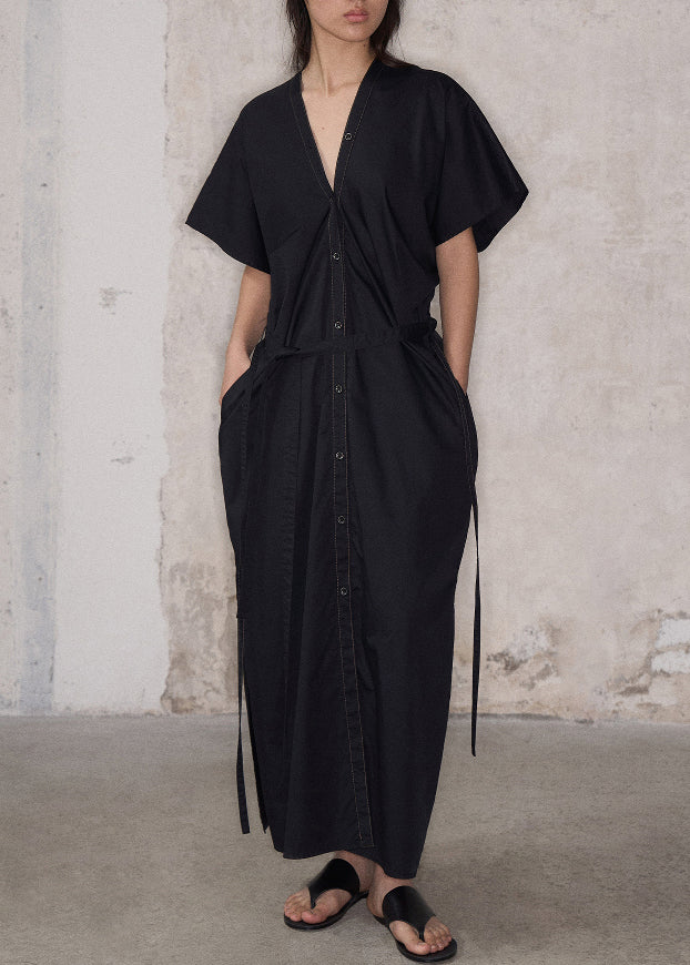 Green V Neck Side Open Cotton Long Dresses Summer