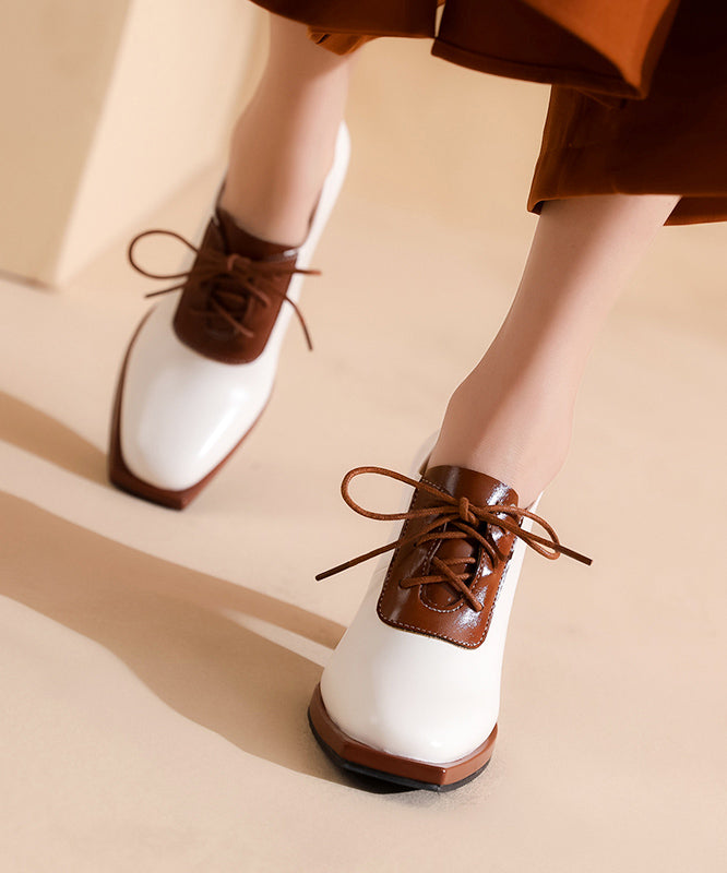 Lace Up Splicing Chunky High Heels Beige Cowhide Leather