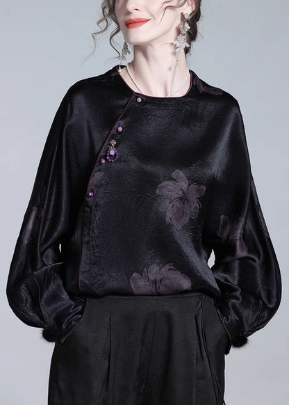 Loose Black O-neck Button Print Silk Blouses Fall