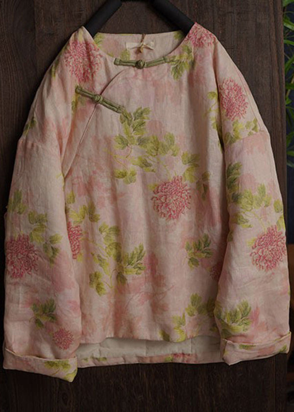 Pink Peony O-neck Print Fine Cotton Filled Winter Coats Long Sleeve