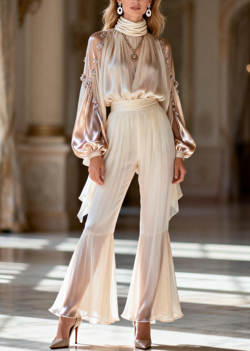 Unique Hign Neck Zircon Wrinkled Silk Two Piece Set Spring