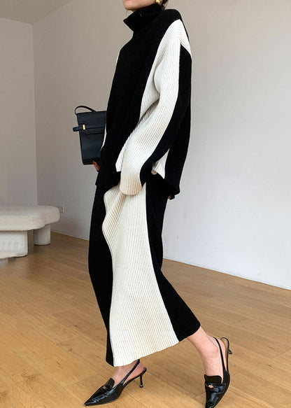 Loose Black Turtleneck Patchwork Tops and Skirts Knit Two Pieces Set Fall