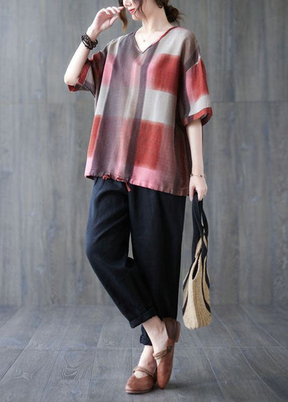 Red Oversized Plaid Linen Tanks Summer