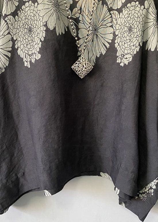 Black O Neck Print Patchwork Cotton Blouse T Shirt Summer