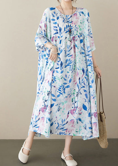 Blue O Neck Print Cotton Dress Summer