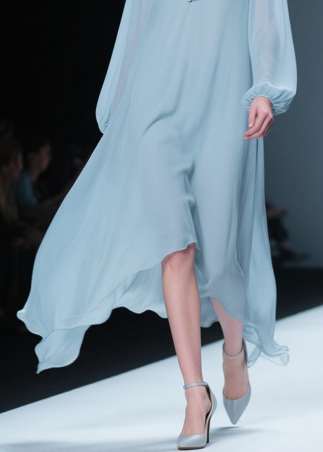 Blue V Neck Chiffon Long Dresses