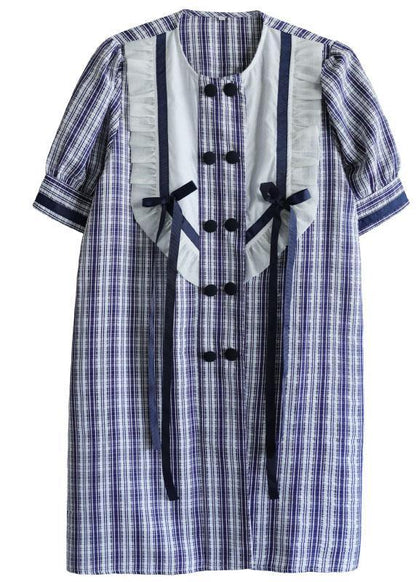 Classy Blue Plaid Ruffled O-neck Button Summer Dresses Half Sleeve