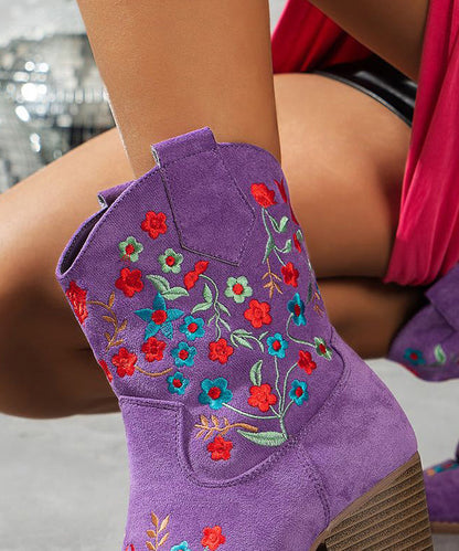Purple Pointed Embossed Boots Suede Chunky Ankle Boots