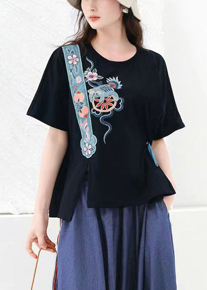 Black O Neck Embroideried Cotton T Shirt Top Summer