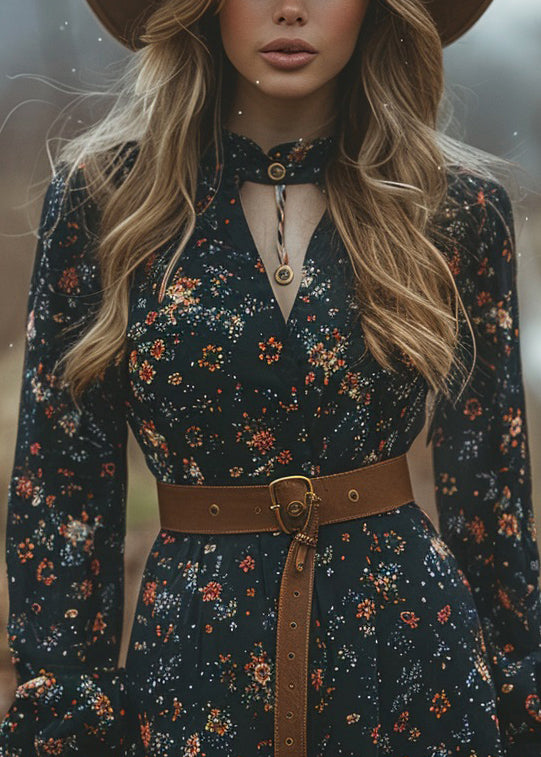 Pastoral Style V Neck Print Cotton Short Dress Spring