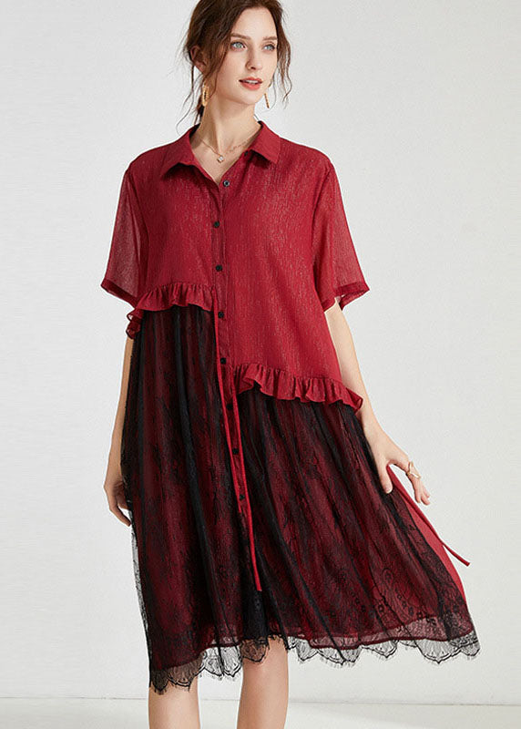 Red Peter Pan Collar Lace Patchwork Tasseled Chiffon Day Dress Spring